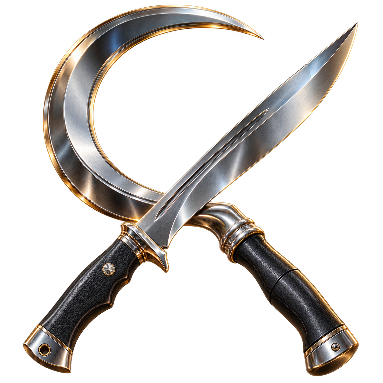 A polished steel sickle crossed by a knife